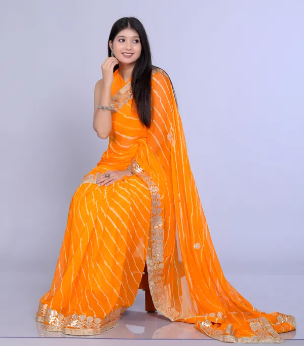 Yellow_Pure_Chiffon_Gotta_Patti_Work_Leheriya_Designer_Printed_Sarees_For_Women