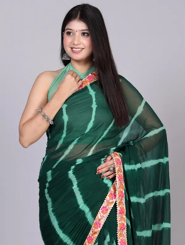 Green_Pure_Chiffon_Leheriya_Embroidered_Border_Sarees_For_Women