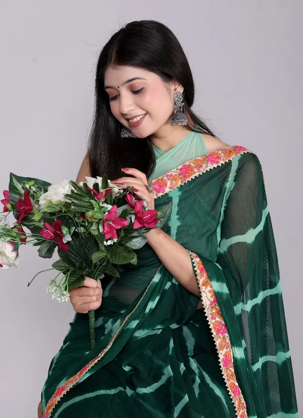 Green_Pure_Chiffon_Leheriya_Embroidered_Border_Sarees_For_Women