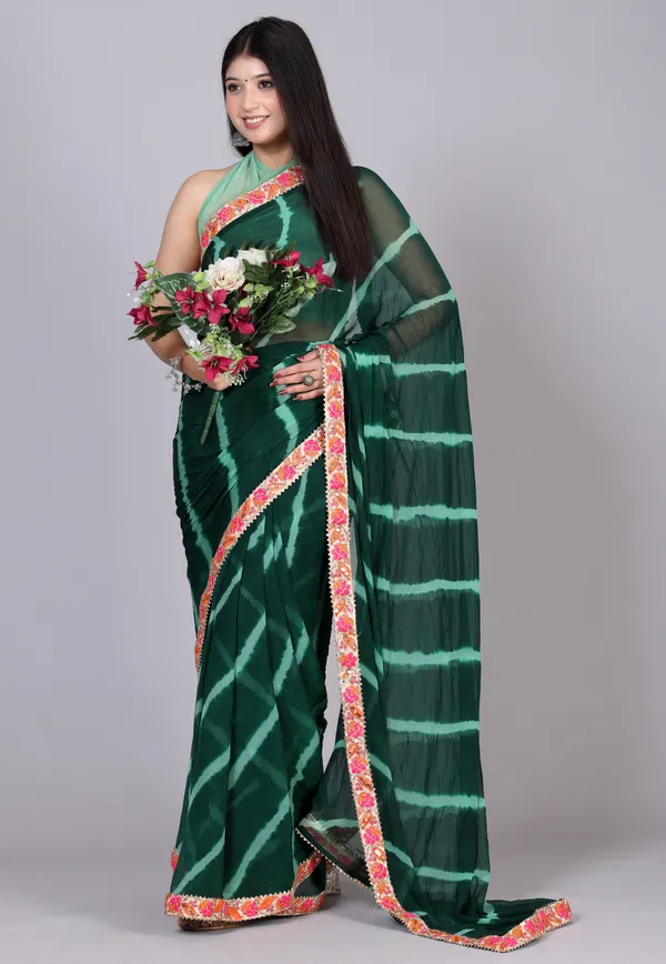 Green_Pure_Chiffon_Leheriya_Embroidered_Border_Sarees_For_Women