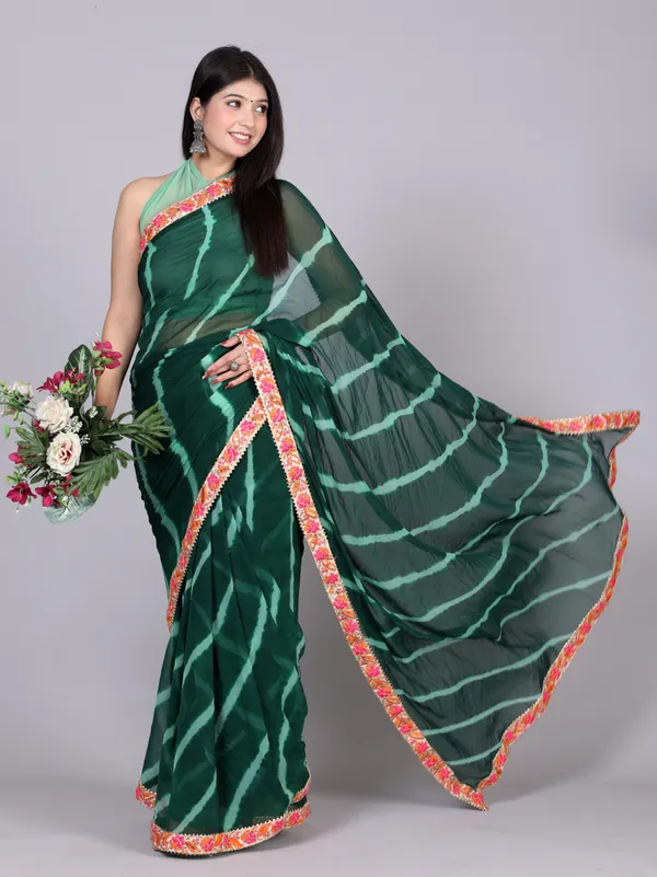 Green_Pure_Chiffon_Leheriya_Embroidered_Border_Sarees_For_Women