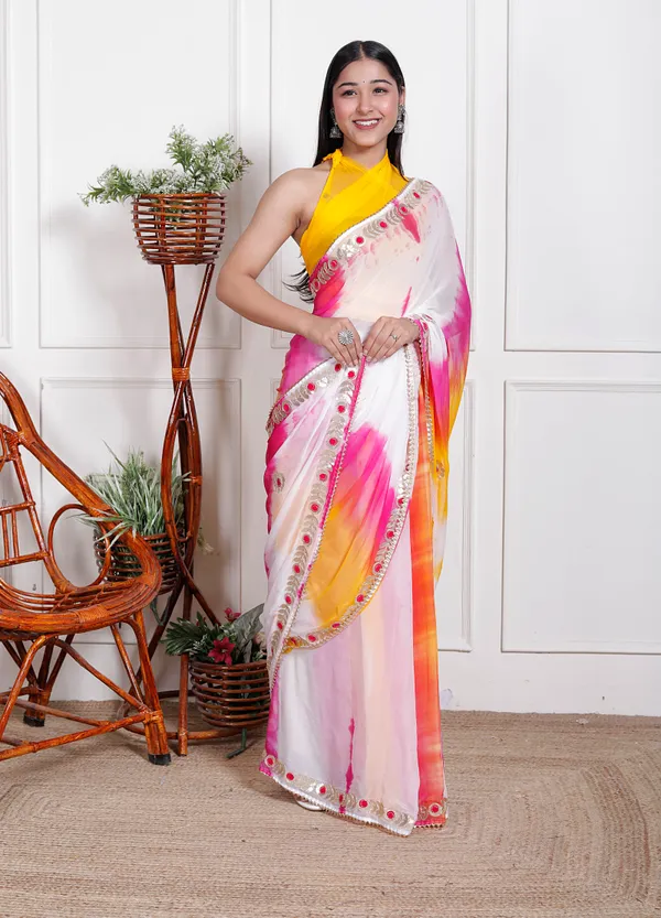 Pink_Pure_Chiffon_Leheriya_Mirror_Work_Sarees_For_Women
