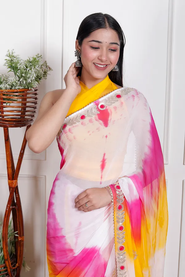 Pink_Pure_Chiffon_Leheriya_Mirror_Work_Sarees_For_Women