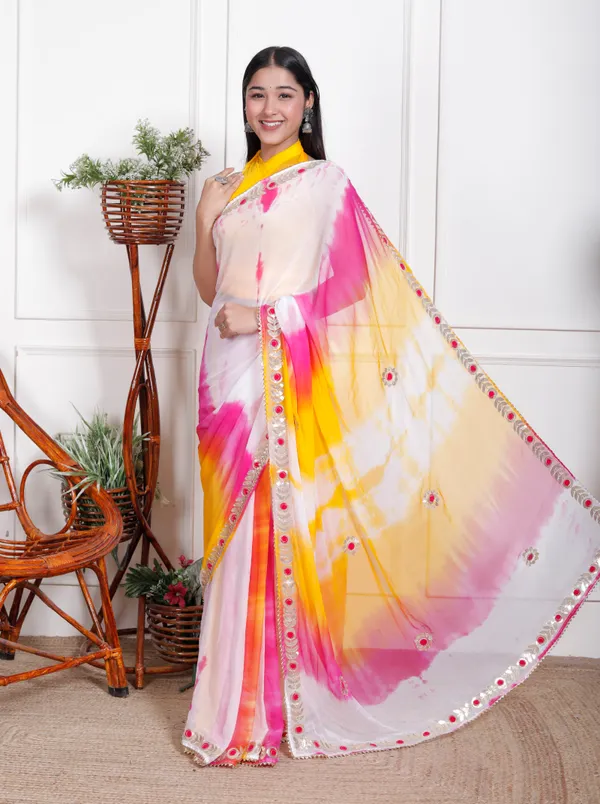 Pink_Pure_Chiffon_Leheriya_Mirror_Work_Sarees_For_Women