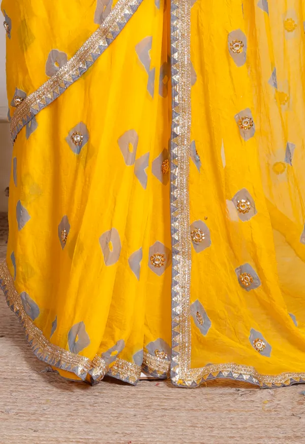 Yellow_Pure_Chiffon_Bandhani_Bandej_Stone_Work_Sarees_For_Women