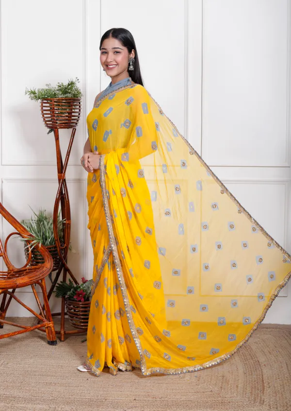 Yellow_Pure_Chiffon_Bandhani_Bandej_Stone_Work_Sarees_For_Women