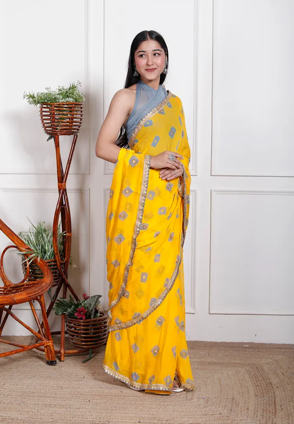 Yellow_Pure_Chiffon_Bandhani_Bandej_Stone_Work_Sarees_For_Women