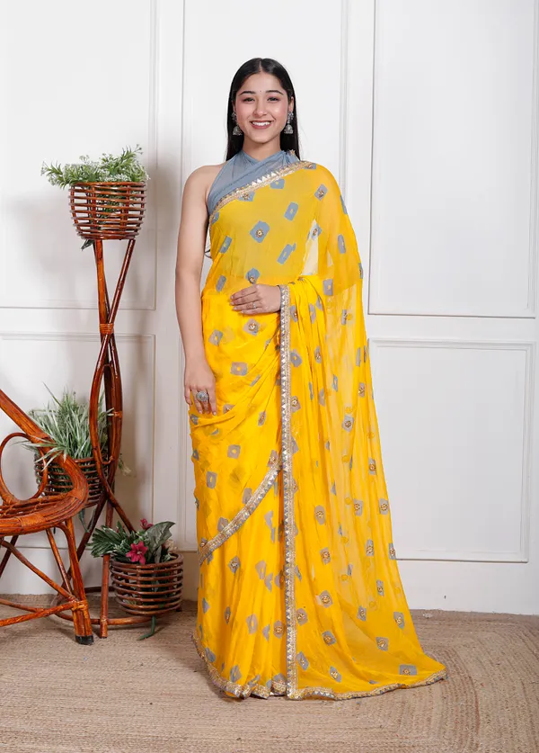 Yellow_Pure_Chiffon_Bandhani_Bandej_Stone_Work_Sarees_For_Women