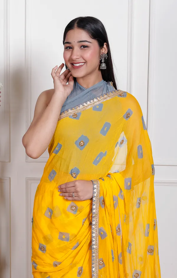 Yellow_Pure_Chiffon_Bandhani_Bandej_Stone_Work_Sarees_For_Women