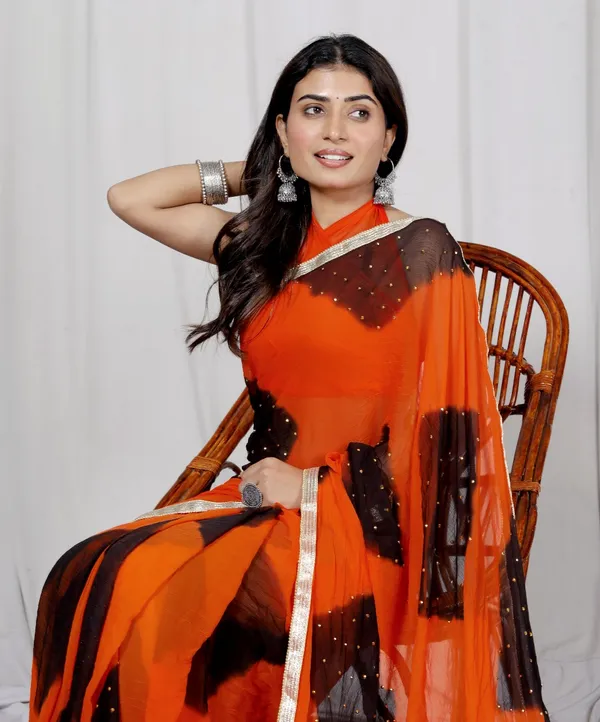 Orange_Pure_Chiffon_Printed_Checked_Leheriya_Stone_Printed_Sarees_For_Women