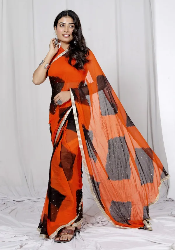 Orange_Pure_Chiffon_Printed_Checked_Leheriya_Stone_Printed_Sarees_For_Women