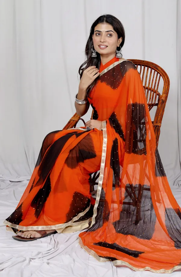Orange_Pure_Chiffon_Printed_Checked_Leheriya_Stone_Printed_Sarees_For_Women