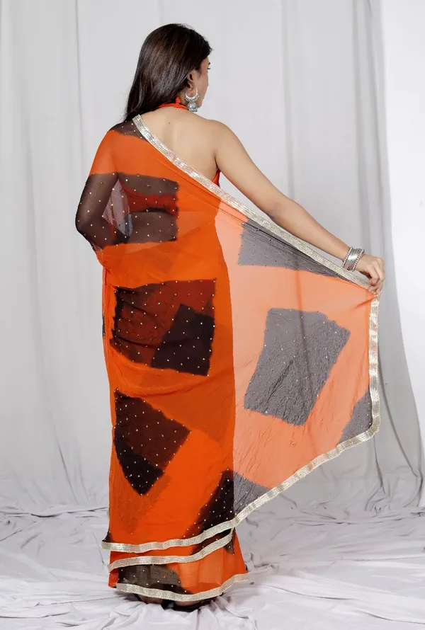 Orange_Pure_Chiffon_Printed_Checked_Leheriya_Stone_Printed_Sarees_For_Women