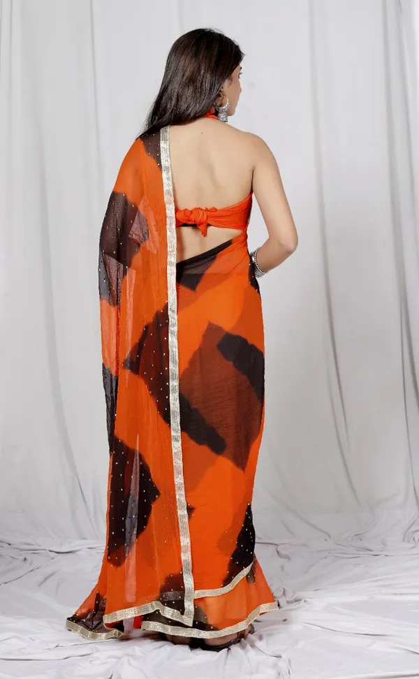 Orange_Pure_Chiffon_Printed_Checked_Leheriya_Stone_Printed_Sarees_For_Women