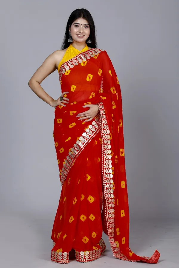 Red_Trendy_Printed_Chiffon_Bandhini_Gotta_Patti_Work_Sarees_For_Women
