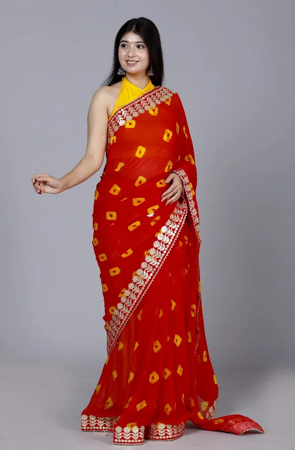 Red_Trendy_Printed_Chiffon_Bandhini_Gotta_Patti_Work_Sarees_For_Women