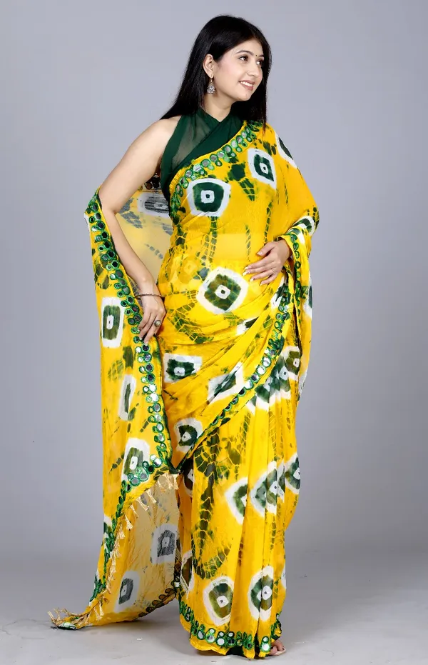 Gold_Pure_Chiffon_Mirror_Work_Bandhani_Printed_Sarees_For_Women