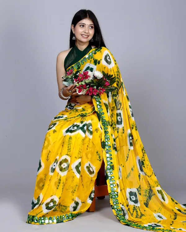 Gold_Pure_Chiffon_Mirror_Work_Bandhani_Printed_Sarees_For_Women