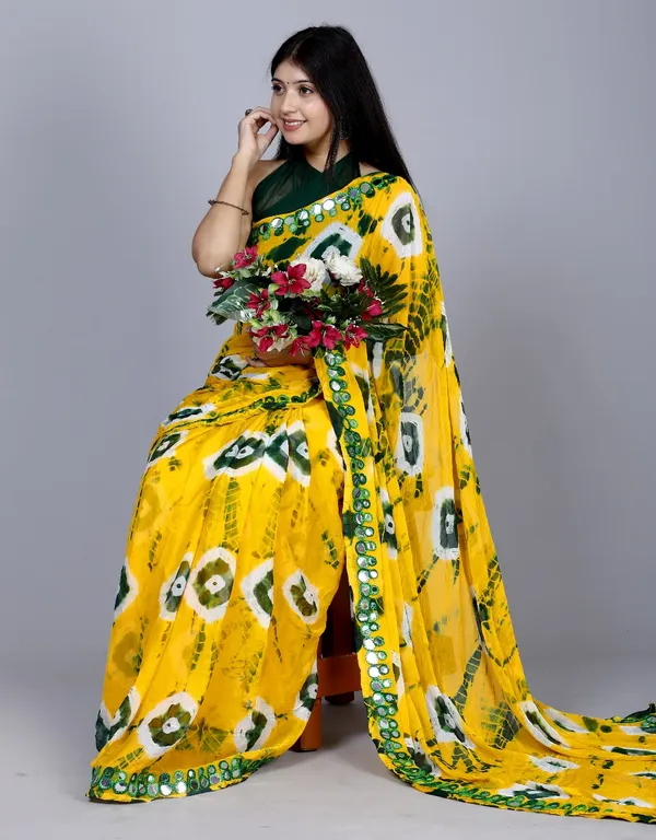 Gold_Pure_Chiffon_Mirror_Work_Bandhani_Printed_Sarees_For_Women
