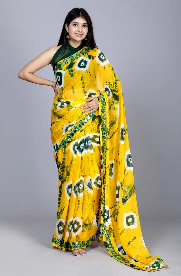Gold_Pure_Chiffon_Mirror_Work_Bandhani_Printed_Sarees_For_Women