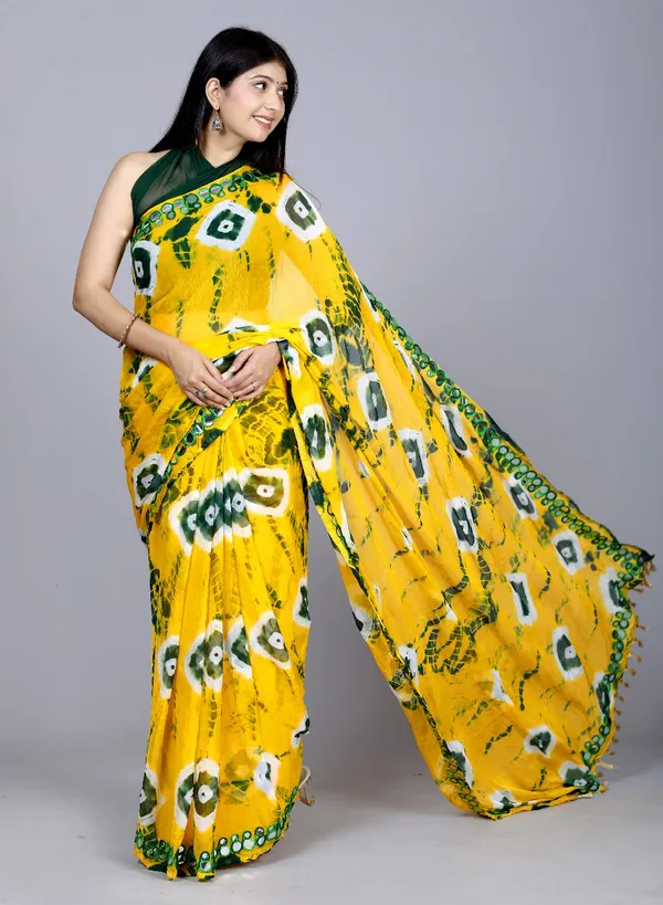 Gold_Pure_Chiffon_Mirror_Work_Bandhani_Printed_Sarees_For_Women