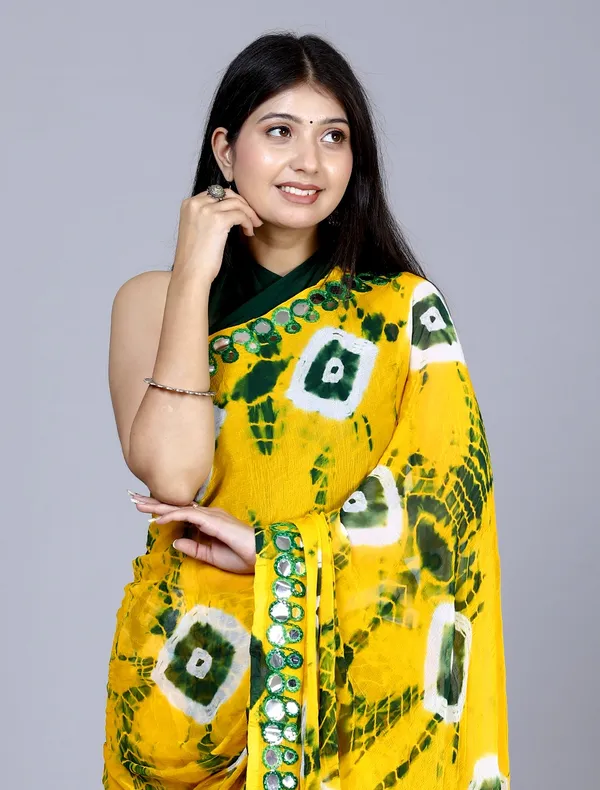 Gold_Pure_Chiffon_Mirror_Work_Bandhani_Printed_Sarees_For_Women