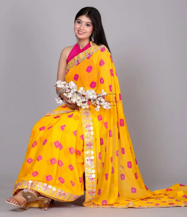 Yellow_Trendy_Printed_Chiffon_Bandhini_Gotta_Patti_Work_Sarees_For_Women