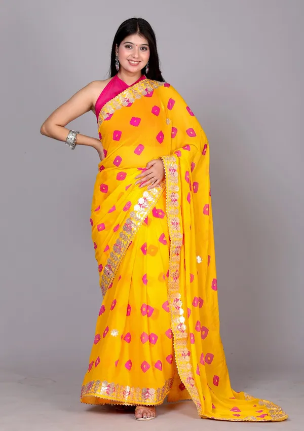 Yellow_Trendy_Printed_Chiffon_Bandhini_Gotta_Patti_Work_Sarees_For_Women