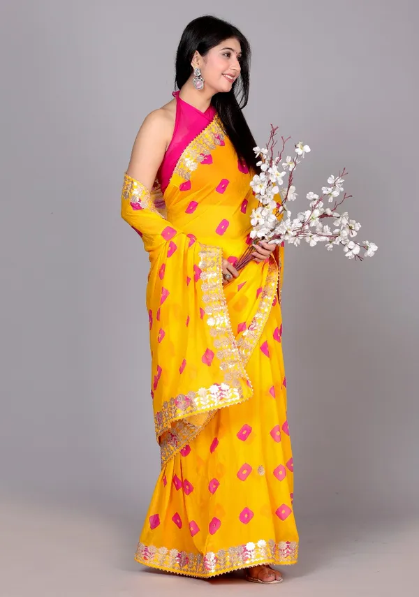 Yellow_Trendy_Printed_Chiffon_Bandhini_Gotta_Patti_Work_Sarees_For_Women