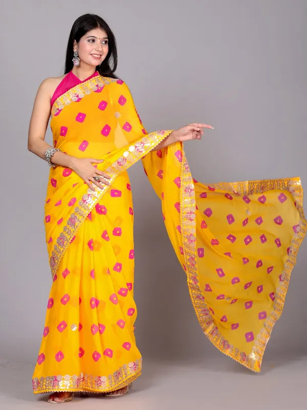 Yellow_Trendy_Printed_Chiffon_Bandhini_Gotta_Patti_Work_Sarees_For_Women