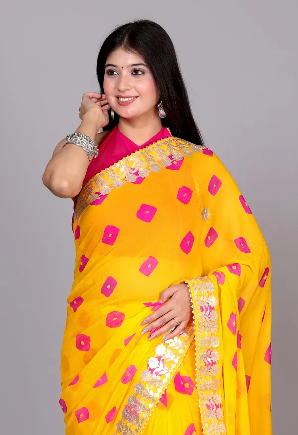 Yellow_Trendy_Printed_Chiffon_Bandhini_Gotta_Patti_Work_Sarees_For_Women