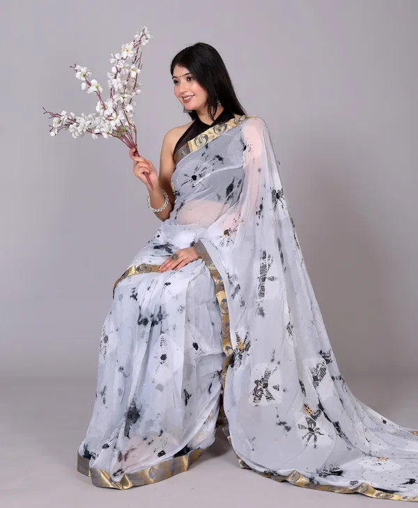 Grey_Pure_Chiffon_Trendy_Bandhini_Stone_Work_Chiffon_Sarees_For_Women