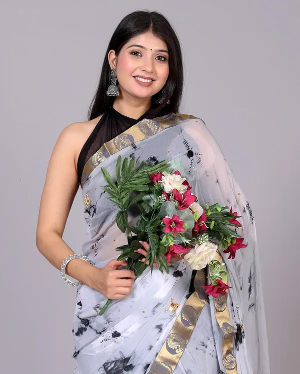 Grey_Pure_Chiffon_Trendy_Bandhini_Stone_Work_Chiffon_Sarees_For_Women
