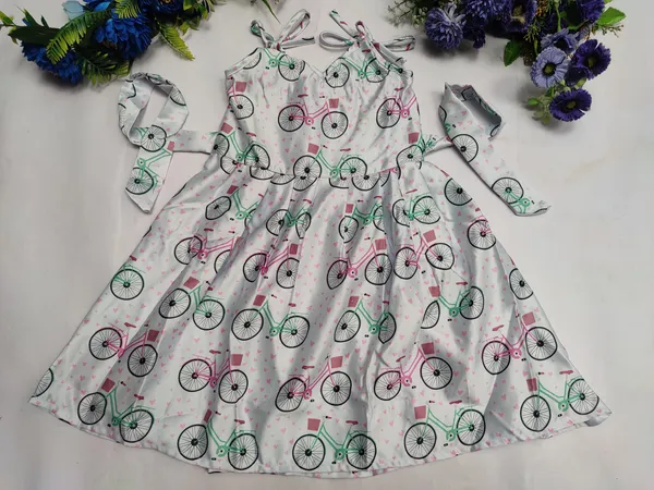 White_polyester_Charming_Bicycle_Print_Sleeveless_Dress_For_Girls