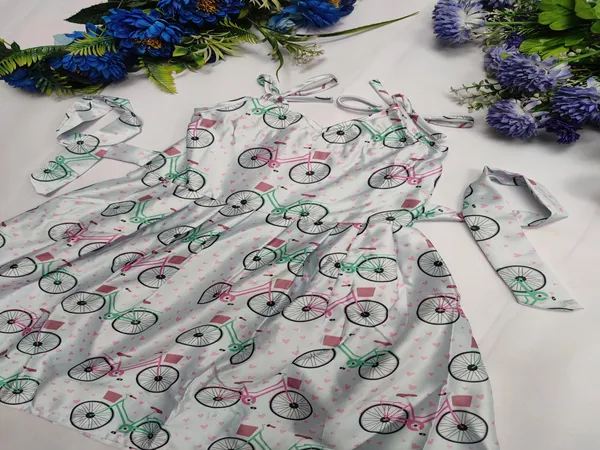 White_polyester_Charming_Bicycle_Print_Sleeveless_Dress_For_Girls