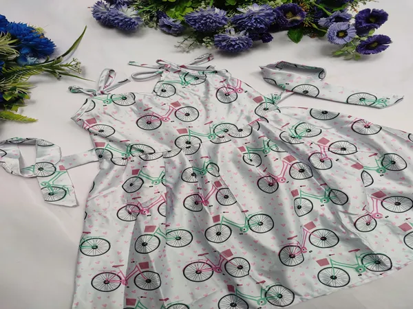 White_polyester_Charming_Bicycle_Print_Sleeveless_Dress_For_Girls