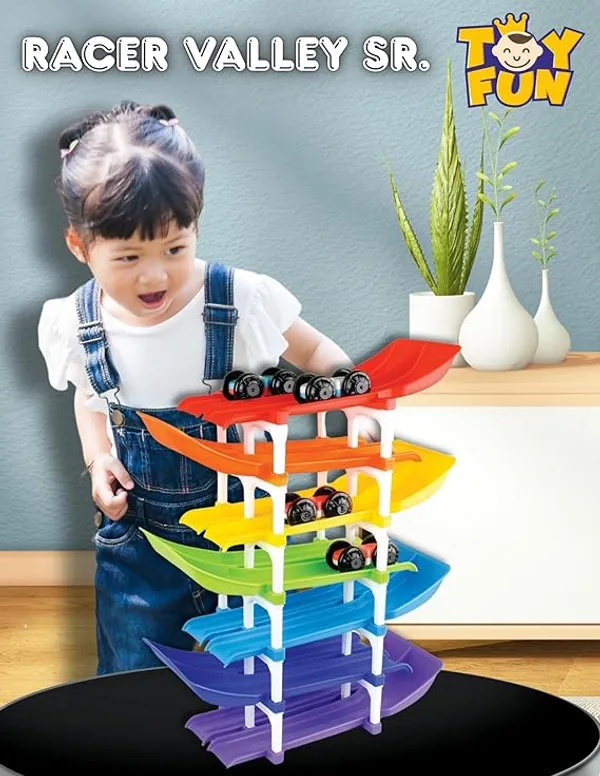 TOY_FUN_Dual_Car_Ramp_Racer_Track_Set_with_7_Tracks_and_4_Cars,_Rainbow_Colour,_Racer_Valley_Senior_for