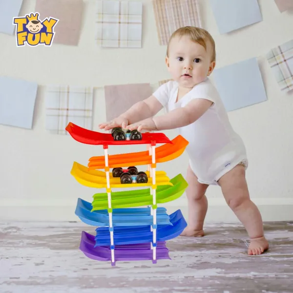 TOY_FUN_Dual_Car_Ramp_Racer_Track_Set_with_7_Tracks_and_4_Cars,_Rainbow_Colour,_Racer_Valley_Senior_for