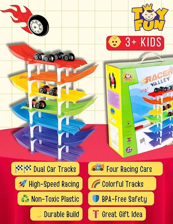 TOY_FUN_Dual_Car_Ramp_Racer_Track_Set_with_7_Tracks_and_4_Cars,_Rainbow_Colour,_Racer_Valley_Senior_for
