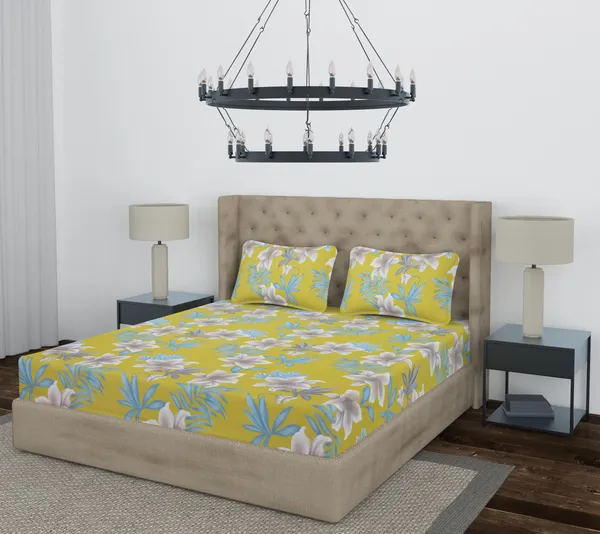 Yellow_Green_Flower_Fitted_Microfiber_With_1_Double_Bedsheet_|_(72*78)_&_2_Pillow_Covers_(18*28)