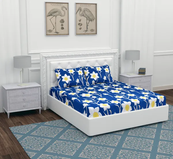 Blue_Yellow_Flower_Microfiber_With_1_Double_Bedsheet_|_(90*95)_&_2_Pillow_Covers_(18*28)