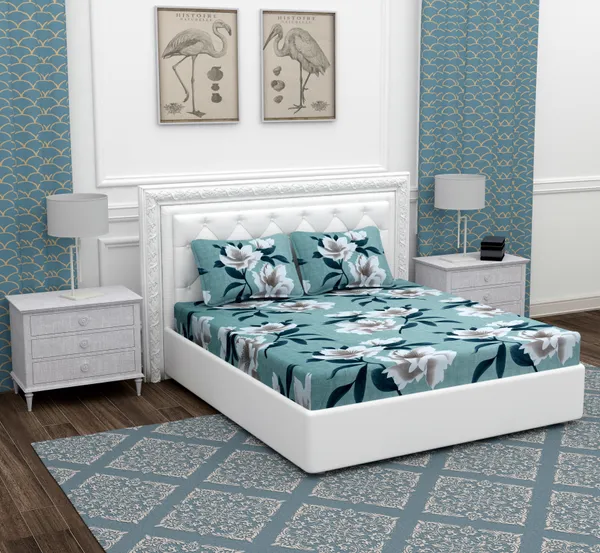 Green_Flower_Microfiber_With_1_Double_Bedsheet_|_(90*95)_&_2_Pillow_Covers_(18*28)
