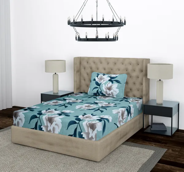 Green_Flower_Single_Fitted_Microfiber_With_1_Single_Bedsheet_|_(36*78)_&_1_Pillow_Cover_(18*28)