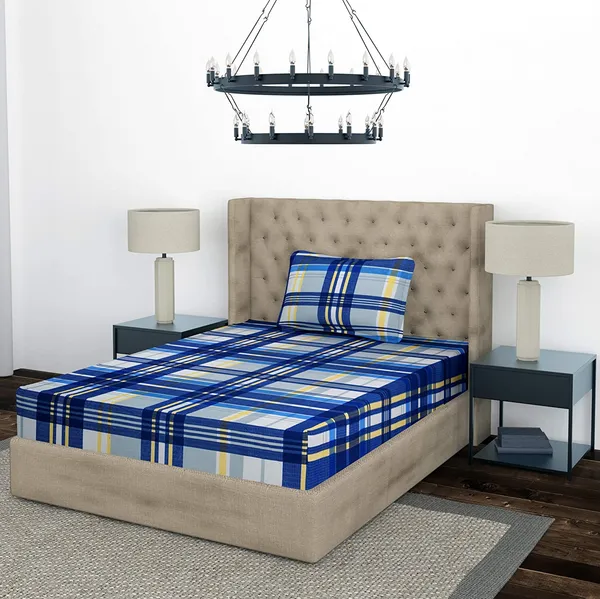 Blue_Check_Single_Fitted_Microfiber_With_1_Single_Bedsheet_|_(36*78)_&_1_Pillow_Cover_(18*28)