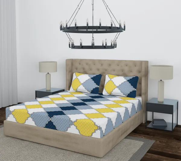 White_Yellow_Damas_Fitted_Microfiber_With_1_Double_Bedsheet_|_(72*78)_&_2_Pillow_Covers_(18*28)