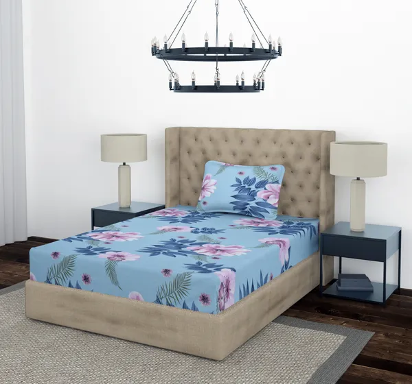 Aqua_Pink_Flower_Single_Fitted_Microfiber_With_1_Single_Bedsheet_|_(36*78)_&_1_Pillow_Cover_(18*28)