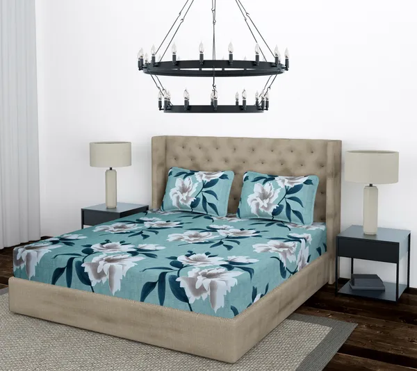 Green_Flower_Fitted_Microfiber_With_1_Double_Bedsheet_|_(72*78)_&_2_Pillow_Covers_(18*28)