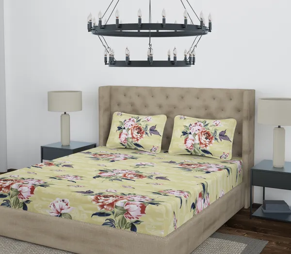 Beige_Pink_Flower_Fitted_Microfiber_With_1_Double_Bedsheet_|_(72*78)_&_2_Pillow_Covers_(18*28)