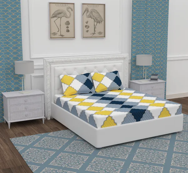 White_Yellow_Damas_Microfiber_With_1_Double_Bedsheet_|_(90*95)_&_2_Pillow_Covers_(18*28)