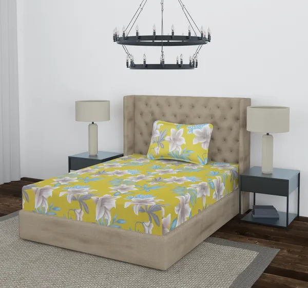 Yellow_Green_Flower_Single_Fitted_Microfiber_With_1_Single_Bedsheet_|_(36*78)_&_1_Pillow_Cover_(18*28)